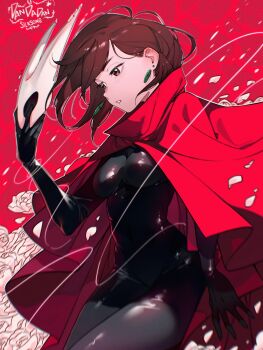 1girl ayase_momo bodysuit breasts brown_eyes brown_hair cesar_art456 cloak commentary_request copyright_name cosplay cowboy_shot dandadan earrings falling_petals floating_hair flower highres holding holding_mask hollow_knight hollow_knight:_silksong horned_mask hornet_(hollow_knight) hornet_(hollow_knight)_(cosplay) jewelry light_blush looking_down mask medium_breasts parted_lips petals red_background red_cloak rose rose_petals short_hair solo spanish_commentary standing white_flower white_rose wire