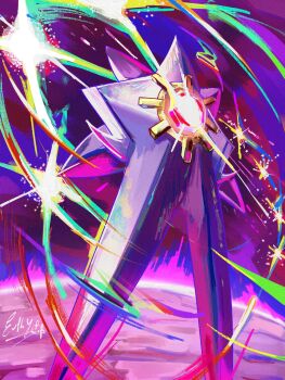 Rule 34 | colorful background, euphythefox, from below, full body, gem, gen 1 pokemon, hands on own hips, highres, light trail, long legs, mega evolution symbol, mega pokemon, mega starmie, nintendo, no humans, pink background, pokemon, pokemon (creature), pokemon focus, purple background, red gemstone, signature, solo, star (symbol), starmie