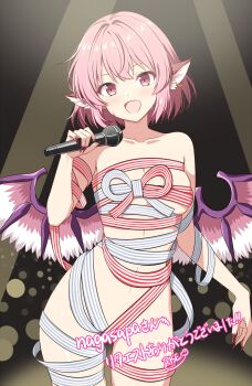 1girl alternate_costume animal_ears bird_ears blush breasts collarbone commentary_request commission commissioner_name highres holding holding_microphone looking_at_viewer medium_breasts medium_hair microphone music mystia_lorelei naked_ribbon navel no_headwear open_mouth pink_eyes pink_hair red_ribbon ribbon rise_(rise19851203) signature singing skeb_commission smile solo sweatdrop touhou translation_request white_ribbon wings