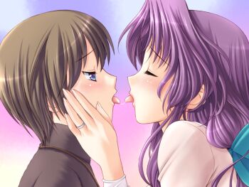 1girl after_kiss age_difference ahoge aoi_sakura_(tsuma_shibori) blush breasts french_kiss game_cg grabbing_another&#039;s_chin hair_ribbon hand_on_another&#039;s_chin kiss kuroda_akimi large_breasts long_hair non-web_source official_art purple_hair ribbon saliva saliva_trail shota tongue tongue_out tsuma_shibori tsumamigui_(series)