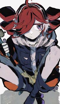 1girl absurdres ahoge artist_name black_boots black_jacket boots closed_mouth drill_hair fingerless_gloves fishing_rod gloves grey_eyes hair_over_one_eye headphones highres hinoki_(yesfish1117) holding holding_fishing_rod jacket jitome kasane_teto knees_up long_sleeves looking_at_viewer nintendo open_clothes open_jacket pokemon project_voltage red_hair rival_teto_(project_voltage) shirt short_hair sitting skirt solo symbol-shaped_pupils synthesizer_v triangle-shaped_pupils twin_drills twintails twitter_username utau vocaloid watermark white_shirt yellow_skirt