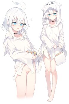 1girl barefoot blue_eyes censored hair_ornament highres hood mosaic_censoring multiple_views original otokuyou pussy ringo-chan_(otokuyou) simple_background white_background white_hair