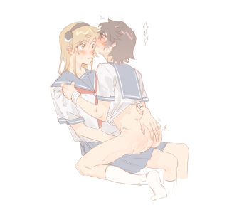 2girls black_headband black_sailor_collar black_skirt blonde_hair blush bottomless chinese_commentary closed_eyes commentary fingering headband highres jiguang_haibao koishikawa_iko long_hair momijiyama_teru multiple_girls neckerchief parted_lips pleated_skirt red_neckerchief sailor_collar school_uniform semi-rimless_eyewear serafuku shirt short_sleeves shy_(series) simple_background sitting sitting_on_lap sitting_on_person skirt socks sweat teeth white_background white_shirt white_socks yellow_eyes yuri