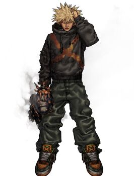 1boy 1girl bakugou_katsuki black_hoodie blonde_hair boku_no_hero_academia bomb_devil_(chainsaw_man) chainsaw_man closed_eyes commentary english_commentary full_body glowing goopskully hand_on_own_head highres holding_detached_head hood hood_down hoodie implied_decapitation ishowspeed_trying_not_to_laugh_(meme) male_focus medium_hair meme reze_(chainsaw_man) scar scar_on_face shoes simple_background smoke smoke_trail sneakers spiked_hair standing streetwear victory white_background