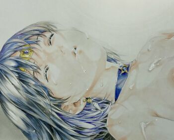 1girl bishoujo_senshi_sailor_moon black_hair blue_choker breasts choker circlet closed_eyes crystal_earrings cum cum_on_body cum_on_breasts cum_on_upper_body earrings facial jewelry katsu_(24791909) lips marker_(medium) medium_hair sailor_saturn small_breasts solo tomoe_hotaru traditional_media