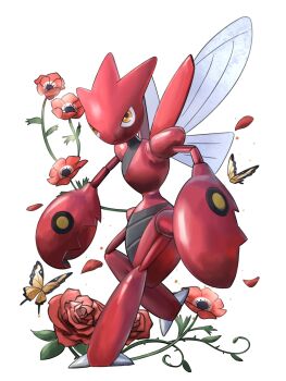 bug butterfly claws flower full_body gen_2_pokemon highres insect nintendo pokemon pokemon_(creature) red_flower red_rose redamber334 rose scizor simple_background white_background yellow_eyes