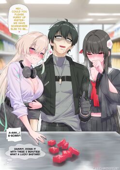 Rule 34 | 1boy, 2girls, absurdres, arm cutout, arm hug, black choker, black hair, black jacket, blonde hair, blush, breasts, buying condoms, chisa (wuthering waves), choker, cleavage, clothing cutout, commentary, condom box, english commentary, english text, exhausted, grey shirt, hair ornament, hair ribbon, headphones, headphones around neck, highres, implied after fellatio, implied after sex, indoors, jacket, jewelry, large breasts, long hair, lynae (wuthering waves), male rover (wuthering waves), multicolored nails, multiple girls, red eyes, red ribbon, ribbon, rover (wuthering waves), sailor collar, shirt, skull hair ornament, smile, stray pubic hair, sunken cheeks, sunoyukey, thumbs up, white sailor collar, white shirt, wuthering waves