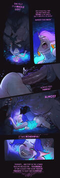 1boy 1girl absurdres ass black_thighhighs blue_eyes blue_hair breasts clenched_hand closed_eyes cum cum_in_pussy cumdrip earrings ecstasy english_text fat fat_man forest glowing glowing_hair grass hetero highres holding_another's_arm holding_stomach incase jewelry large_penis large_testicles legs_together legs_up long_hair lying medium_breasts monster motion_blur motion_lines nature on_back on_ground on_stomach open_mouth original penis pointy_ears projectile_cum prone_bone purple_hair sex sex_from_behind sharp_teeth size_difference smile stomach stomach_bulge teeth testicles thick_thighs thighhighs thighs vaginal
