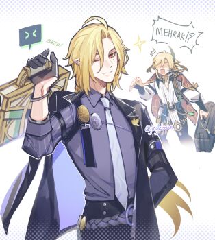 2boys arm_behind_back arm_out_of_sleeve black_gloves black_jacket blonde_hair briefcase collared_shirt english_text fang feather_hair_ornament feathers genshin_impact gloves hair_ornament highres holding hugo_vlad jacket jingle23 kaveh_(genshin_impact) long_hair long_sleeves looking_at_viewer male_focus mehrak_(genshin_impact) mihoyo mole mole_under_eye multiple_boys necktie one_eye_closed open_mouth pants pointy_ears shaded_face shirt simple_background sparkle sweat twitter_username very_long_hair zenless_zone_zero
