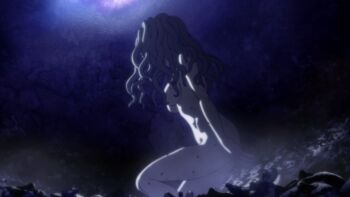 1girl animated animated_gif anime_screenshot arms_at_sides ass berserk breasts collarbone completely_nude curvy eclipse eyelashes fantasy female_focus fingernails floating_hair from_side giant giantess green_eyes green_hair groin highres huge_filesize knees large_breasts legs lips looking_ahead matching_hair/eyes mature_female navel neck night night_sky nipples nude official_art outdoors pale_skin parted_bangs ribs sideboob sidelocks sky slan_(berserk) slit_pupils standing surreal thighs wavy_hair