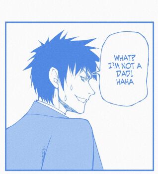 1boy blue_theme english_text from_behind jacket looking_at_viewer looking_back male_focus monochrome open_mouth original short_hair smile solo speech_bubble studionice2011 sweat talking white_background