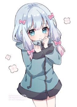 1girl artist_name blue_eyes blue_hair blush bow closed_mouth commentary cowboy_shot eromanga_sensei green_jacket hair_bow hands_up high_collar highres izumi_sagiri jacket long_hair long_sleeves looking_at_viewer multiple_hair_bows pink_bow simple_background solo symbol-only_commentary watermark white_background yukomeow zipper