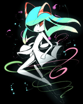 Rule 34 | 1other, :o, alternate color, black background, blue hair, bob cut, clenched hand, colored skin, commentary request, dress, facing to the side, gen 3 pokemon, green hair, hair between eyes, high contrast, kirlia, light particles, looking to the side, midair, nintendo, pokemon, pokemon (creature), pokemon focus, red eyes, shinonome kia, shiny pokemon, skirt, white dress, white skin, white skirt
