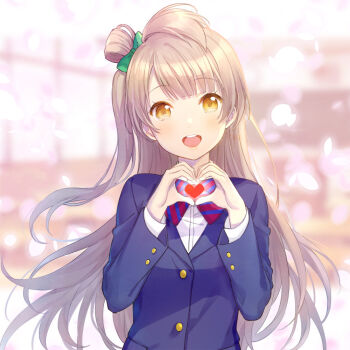 1girl blazer blue_jacket bow bowtie brown_hair chocomirukuaji diagonal-striped_bow diagonal-striped_bowtie diagonal-striped_clothes hair_bow heart heart_hands jacket love_live! love_live!_school_idol_project minami_kotori one_side_up open_mouth otonokizaka_school_uniform petals round_teeth school_uniform smile solo striped_bow striped_bowtie striped_clothes teeth upper_body yellow_eyes