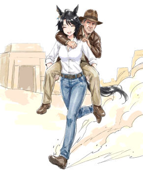 1boy 1girl ahoge animal_ears belt blouse blue_pants brown_belt brown_hat buttons collared_shirt commentary_request denim ear_piercing fedora fuji_kiseki_(umamusume) hat horse_ears horse_girl horse_tail indiana_jones indiana_jones_(series) jeans kisaragi_shokuin medium_hair multicolored_hair notched_ear pants piercing shirt shirt_tucked_in tail umamusume