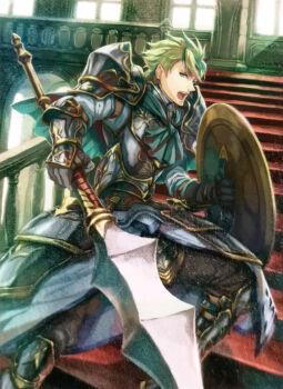 1boy aran_(fire_emblem) armor bisaiiiii commentary english_commentary fire_emblem fire_emblem:_radiant_dawn fire_emblem_cipher green_eyes green_hair highres holding holding_polearm holding_shield holding_weapon indoors male_focus nintendo official_art open_mouth polearm scan shield short_hair solo stairs third-party_source weapon