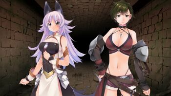 2girls animal_ears armlet atelier-moo bare_shoulders belt belt_collar bikini bikini_top_only blush breasts brick_floor brick_wall brown_belt brown_eyes cleavage cleavage_cutout clenched_hands closed_mouth clothing_cutout collar collared_dress corset covered_navel cowboy_shot detached_sleeves dress dungeon elbow_gauntlets flipped_hair game_cg green_hair grey_eyes hand_on_own_hip highres house huge_breasts jewelry large_breasts large_variant_set lips long_hair mana_(our_battle_has_just_begun!) moss multiple_girls narrow_waist navel necklace non-web_source our_battle_has_just_begun! purple_hair purple_shorts rock short_hair short_shorts shorts side-by-side side_slit sidelocks standing swimsuit tail taylor_(our_battle_has_just_begun!) v-shaped_eyebrows variant_set wolf_ears wolf_girl wolf_tail wristband