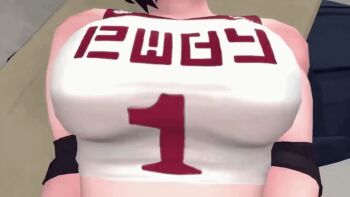 10s 1boy 1girl 3d animated animated_gif bench black_hair blush bouncing bouncing_breasts breast_slap breasts brown_hair dark-skinned_male dark_skin elbow_pads head_out_of_frame indoors interior interracial large_breasts looking_down looping_animation lying midriff on_back on_bench ponkosfm pov ruby_rose rwby short_hair slapping solo_focus source_filmmaker_(medium) sportswear tank_top third-party_edit white_tank_top