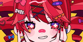 1girl bandaid bandaid_hair_ornament bandaid_on_face bandaid_on_nose bow bright_pupils decora drill_hair flower-shaped_pupils grin hair_bow hair_ornament hairpin hands_on_own_cheeks hands_on_own_face heart heart_hair_ornament highres jewelry kasane_teto looking_at_viewer multiple_hairpins multiple_rings nail_polish okayu_(cwtv7823) portrait red_hair red_nails ring smile solo symbol-shaped_pupils twin_drills utau white_pupils x_hair_ornament