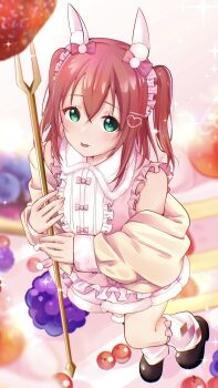 Rule 34 | 1girl, :p, animal ear fluff, bare shoulders, black shoes, bow, breasts, collared dress, commentary request, dress, fork, frilled dress, frills, from above, full body, fur trim, green eyes, hair bow, hair ornament, heart, heart hair ornament, highres, holding, holding fork, kurosawa ruby, looking at viewer, loose socks, love live!, love live! sunshine!!, medium breasts, nigauri, pink bow, pink dress, red hair, shoes, short dress, sleeveless, sleeveless dress, socks, solo, tongue, tongue out, white socks