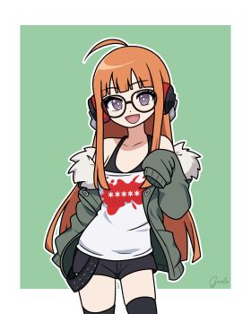 1girl :d absurdres ahoge behind-the-head_headphones black_shorts black_thighhighs border cowboy_shot fur-trimmed_jacket fur_trim garloo glasses green_background green_jacket headphones highres inktober jacket long_hair open_clothes open_jacket open_mouth orange_hair persona persona_5 purple_eyes sakura_futaba short_shorts shorts smile solo thighhighs very_long_hair white_border