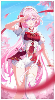 1girl absurdres beret blue_sky border breasts cherry_blossoms chinese_commentary commentary_request diamond-shaped_pupils diamond_(shape) dress earrings elf elysia_(hi_love_elf)_(honkai_impact) elysia_(honkai_impact) hat heart heart_earrings highres holding holding_ribbon honkai_(series) honkai_impact_3rd jewelry large_breasts long_hair looking_at_viewer multicolored_hair pink_hair pointy_ears purple_eyes red_dress ribbon single_thighhigh sky smile solo symbol-shaped_pupils thighhighs thighs two-tone_hair very_long_hair white_border white_dress white_hair white_thighhighs wuling_yl