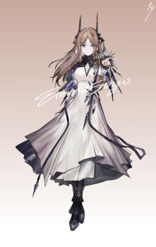 1girl arknights bang_dream! bang_dream!_it&#039;s_mygo!!!!! blue_eyes breasts brown_hair chinese_commentary commentary_request cosplay dress full_body gradient_background highres kuroinu9 large_breasts long_hair looking_at_viewer material_growth nagasaki_soyo oripathy_lesion_(arknights) sidelocks solo theresa_(arknights) theresa_(arknights)_(cosplay) white_dress