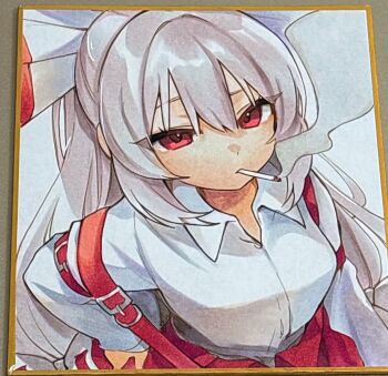 1girl cigarette collared_shirt commentary fujiwara_no_mokou grey_hair hair_between_eyes hand_on_own_hip highres long_hair long_sleeves looking_at_viewer marker_(medium) moni_monico pants red_eyes red_pants shikishi shirt smoke smoking solo suspenders touhou traditional_media upper_body white_background white_shirt