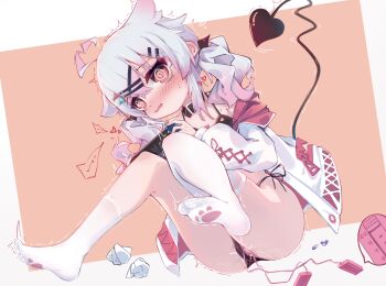 1girl @_@ ahoge an_jin_yu_jue asymmetrical_legwear black_bra black_panties black_ribbon blue_bow blue_nails blush border bow bra chinese_text collar controller cross-laced_clothes cross-laced_sleeves crossed_bangs demon_girl demon_tail dildo drooling female_focus female_masturbation flat_chest gradient_hair grey_hair hair_between_eyes hair_bow hair_flaps hair_ornament hair_ribbon hairclip handheld_game_console hands_up heart highres holding holding_handheld_game_console jacket knees_together_feet_apart leaning_forward leg_up long_hair long_sleeves masturbation mouth_drool multicolored_hair nail_polish nintendo_switch nose_blush off_shoulder open_mouth orange_background original outside_border panties paw_print pill pussy_juice red_bow red_eyes red_hair remote_control remote_control_vibrator ribbon sex_toy side-tie_panties sidelocks simple_background single_sock single_thighhigh socks solo speech_bubble spoken_heart string_panties sweat tail tail_raised thighhighs translation_request trembling twintails two-tone_hair underwear uneven_legwear vibrator vibrator_cord vibrator_under_clothes white_border white_jacket white_socks white_thighhighs zipper_pull_tab