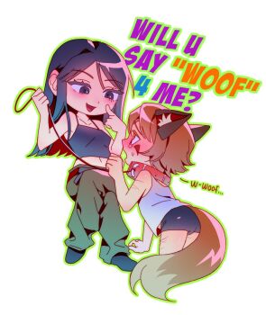 1boy 1girl animal_ears black_shirt black_shorts blonde_hair blue_hair blush boyfriend_to_death chibi chibi_only collar commentary crop_top crossed_legs english_commentary english_text facial_mark femdom finger_to_face fox_ears fox_tail full_body furry furry_male gift_art green_outline highres holding holding_leash invisible_chair leash long_hair long_sidelocks midriff_peek original outline ren_hana_(boyfriend_to_death) scar scar_on_arm scar_on_leg self-harm shirt short_hair shorts sidelocks sitting soureeeee spaghetti_strap straight_hair tail tank_top thigh_cutting white_shirt wrist_cutting