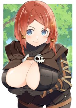 1girl absurdres assassin blue_eyes blush breasts cleavage commission forest gloves hair_ornament hair_tubes highres hood hooded_sweater kinako_(mzknk0) large_breasts looking_at_viewer nature no nude pussy red_hair rose_(scattered_bones_outfit)_(tales) rose_(tales) short_hair smile sweater tales_of_(series) tales_of_zestiria
