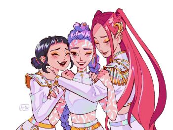 3girls ari_vsart artist_name belt black_hair body_markings braid brown_eyes closed_eyes commentary covered_collarbone crop_top cropped_jacket demon_girl double_bun english_commentary eyeliner eyeshadow bad_tag group_hug hair_bun hair_ornament hair_up hand_on_another's_arm hand_on_another's_shoulder happy highres hug hug_from_side kpop_demon_hunters leaning_on_person leaning_to_the_side light_blush long_braid long_sleeves looking_back makeup mira_(kpop_demon_hunters) multiple_girls official_alternate_costume one_eye_closed open_mouth orange_eyeliner orange_eyeshadow parted_lips purple_hair red_hair red_lips rumi_(kpop_demon_hunters) shade short_bangs simple_background single_braid skirt sleeveless smile standing tan tearing_up teeth twintails upper_body upper_teeth_only white_background zoey_(kpop_demon_hunters)