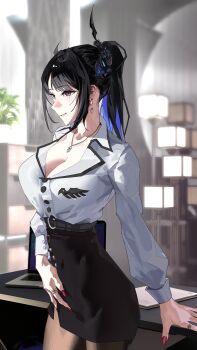 1girl absurdres asymmetrical_bangs asymmetrical_horns belt black_hair black_skirt blue_hair blurry blurry_background breasts cleavage collarbone colored_inner_hair computer cowboy_shot demon_horns desk drawer dress_shirt earrings eyelashes fingernails floating_earrings floor_lamp flower formal_clothes hand_on_own_hip hashtag-only_commentary high-waist_skirt high_belt high_ponytail highres hololive hololive_english horn_flower horns jewelry lamp lapels laptop large_breasts long_sleeves looking_ahead mole mole_under_eye multicolored_hair nail_polish necklace nerissa_ravencroft nerissa_ravencroft_(casual) notched_lapels office office_lady official_alternate_costume official_alternate_hairstyle pantyhose paper pencil_skirt plant ponytail potted_plant red_eyes red_nails ring shirt shirt_tucked_in sidelocks skirt skirt_suit sleeve_cuffs slit_pupils smile solo standing suit thekaiyip virtual_youtuber white_shirt
