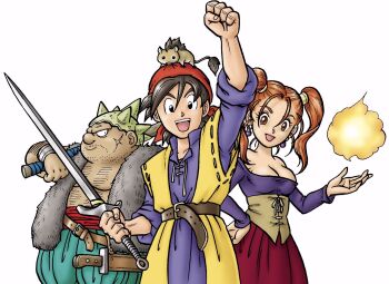 1girl 2boys :d animal animal_on_head aqua_pants bandana black_eyes blue_shirt breasts brown_eyes brown_hair cleavage commentary_request corset cross_scar dragon_quest dragon_quest_viii earrings facial_hair facial_scar fat fat_man fire fur_vest hair_pulled_back hand_on_own_hip hero_(dq8) highres holding holding_sword holding_weapon jessica_albert jewelry magic metal_hair_tubes mouse_(animal) multiple_boys munchie_(dq8) murakami_yumiko off-shoulder_shirt off_shoulder official_art on_head open_mouth orange_bandana orange_hair pants pyrokinesis raised_fist red_skirt scar scar_on_cheek scar_on_face shirt skirt sleeves_rolled_up smile sphere_earrings spiked_hat spiked_helmet stubble sword toriyama_akira_(style) vest weapon white_background yangus yellow_corset yellow_vest