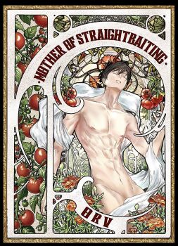 1boy abs art_nouveau black_hair closed_eyes commentary convenient_censoring cowboy_shot demon_horns english_commentary english_text hair_between_eyes head_tilt highres horns kim_dokja male_focus nipples no_shirt omniscient_reader&#039;s_viewpoint parted_lips pectorals robe short_hair solo tomato toned toned_male toupou39 white_robe