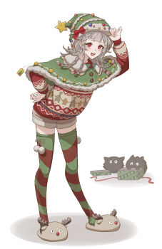 Rule 34 | 1girl, :d, adjusting clothes, adjusting headwear, alternate costume, animal slippers, bow, brown shorts, capelet, carbuncle (reverse:1999), commentary request, creature, diagonal-striped thighhighs, fangs, full body, fur-trimmed capelet, fur-trimmed headwear, fur trim, green capelet, green hat, green thighhighs, grey hair, hand on headwear, hand on own hip, hand up, hat, hat bow, highres, leaning forward, legs apart, looking at viewer, masei shibou, medium hair, multicolored thighhighs, open box, open mouth, pom pom (clothes), print sweater, quad braids, red bow, red eyes, red thighhighs, reverse:1999, rubuska, santa hat, short shorts, shorts, slippers, smile, solo, standing, sweater, teeth, thighhighs, two-tone thighhighs, upper teeth only, white background