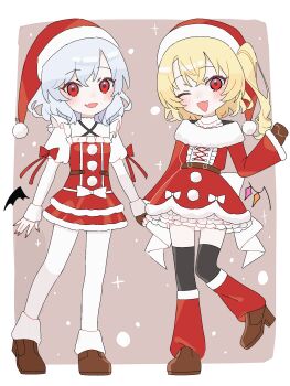 2girls absurdres alternate_costume alternate_headwear bat_wings black_thighhighs blonde_hair blue_hair blush bow brown_mittens brown_shoes christmas commentary_request crystal crystal_wings dress fang flandre_scarlet fur-trimmed_dress fur-trimmed_headwear fur_trim hat high_heels highres homura_(homura_me) leg_up leg_warmers long_sleeves looking_at_viewer mittens multicolored_wings multiple_girls one_eye_closed one_side_up open_mouth pantyhose petticoat red_bow red_dress red_eyes red_hat red_leg_warmers remilia_scarlet santa_costume santa_dress santa_hat shoes single_mitten skin_fang smile standing standing_on_one_leg thighhighs touhou white_pantyhose wings