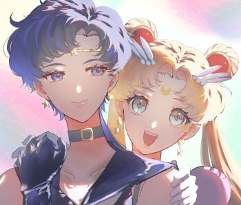 bishoujo_senshi_sailor_moon black_hair black_sailor_collar blonde_hair blue_eyes blue_sailor_collar brooch choker circlet collarbone crescent crescent_facial_mark double_bun elbow_gloves eternal_sailor_moon facial_mark forehead_mark gloves hair_bun hair_ornament highres jewelry long_hair magical_girl pink_sleeves polish008800 ponytail puffy_short_sleeves puffy_sleeves red_choker sailor_collar sailor_moon sailor_senshi_uniform sailor_star_fighter seiya_kou short_sleeves tsukino_usagi twintails white_gloves wing_brooch