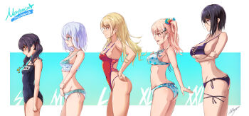 Rule 34 | 5girls, :3, absurdres, bang dream!, bang dream! girls band party!, bikini, black hair, black one-piece swimsuit, blonde hair, blue bikini, blue eyes, blush, bob cut, breasts, brown eyes, bust chart, cleavage, commentary, covered navel, ear piercing, earrings, english commentary, frilled bikini, frills, futaba tsukushi, hair between eyes, hair ornament, hairclip, highres, hiromachi nanami, inverted bob, jewelry, kirigaya toko, korean commentary, kurata mashiro, large breasts, lineup, long hair, medium breasts, medium hair, mihaya (mihaya1818), mixed-language commentary, morfonica, multilingual commentary, multiple girls, one-piece swimsuit, open mouth, piercing, pink hair, purple bikini, purple eyes, red eyes, red one-piece swimsuit, school swimsuit, small breasts, stomach, swimsuit, translated, twintails, two side up, underboob, white bikini, white hair, yashio rui