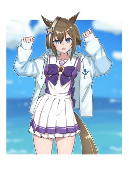 1girl absurdres animal_ears blue_sky blush bow bowtie breasts brown_hair cheval_grand_(umamusume) cloud collarbone commentary_request enukee hair_between_eyes hat highres hood hooded_jacket hoodie horse_ears horse_girl horse_tail jacket looking_at_viewer medium_hair multicolored_hair ocean open_mouth pleated_skirt purple_bow purple_bowtie purple_shirt sailor_collar sailor_shirt school_uniform shirt skirt sky smile solo streaked_hair tail tracen_school_uniform umamusume water white_hair white_jacket white_sailor_collar white_skirt