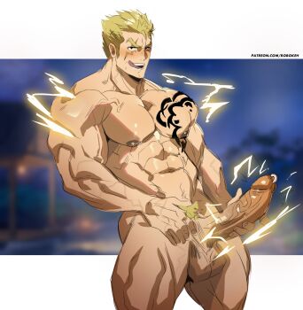 1boy :q abs absurdres bara blonde_hair blurry blurry_background chest_tattoo commentary completely_nude english_commentary erection fairy_tail highres large_pectorals large_penis laxus_dreyar looking_at_viewer male_focus male_pubic_hair muscular muscular_male nipples nude patreon_username pectorals penis pubic_hair robokeh scar scar_across_eye scar_on_face short_hair solo tattoo testicles tongue tongue_out veins