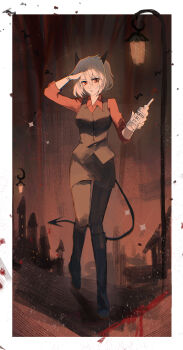 Rule 34 | 1girl, absurdres, alcohol, annoyed, black border, black horns, black nails, black tail, black vest, blush, border, bottle, breasts, commentary, demon girl, demon horns, demon tail, green background, hand in own hair, helltaker, highres, holding, holding bottle, horns, large breasts, looking at viewer, malina (helltaker), pantyhose, red eyes, red shirt, shirt, short hair, solo, tail, uruauro, vest, vodka, waistcoat, white hair