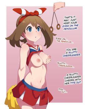1girl 1other blue_eyes breasts breasts_out brown_hair cheerleader clothes_lift empty_eyes english_text grabbing_own_breast groping guilegaze hypnosis large_breasts may_(pokemon) md5_mismatch mind_control nintendo pokemon pokemon_oras pom_pom_(cheerleading) resolution_mismatch shirt_lift short_hair solo_focus source_larger standing
