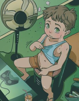 1boy blush brown_hair clothes_pull controller fan flaccid flip-flops green_eyes highres looking_at_viewer lunaflame male_focus navel nipple_slip nipples original penis penis_peek sandals shota sitting small_penis solo solo_focus sweatdrop underwear_pull