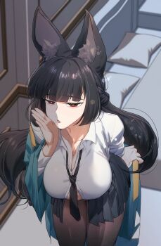 1girl absurdres animal_ear_fluff animal_ears black_hair black_necktie black_skirt blunt_bangs breasts commentary_request doki2ochingin fox_ears fox_girl highres hoshimi_miyabi jacket large_breasts long_hair looking_at_viewer necktie open_mouth red_eyes shirt sidelocks skirt solo white_shirt zenless_zone_zero