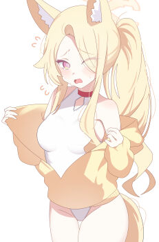 1girl @_@ above-cleavage_cutout absurdres animal_ear_fluff blonde_hair blue_archive blush breasts choker clothing_cutout commentary_request cowboy_shot diamond_cutout flustered flying_sweatdrops fox_girl hair_over_one_eye halo high_ponytail highleg highleg_one-piece_swimsuit highres jacket jacket_partially_removed kanimiso30601 medium_breasts one-piece_swimsuit ponytail red_choker removing_jacket seia_(blue_archive) seia_(swimsuit)_(blue_archive) sidelocks simple_background solo sweatdrop swimsuit wavy_mouth white_background white_one-piece_swimsuit yellow_halo yellow_jacket