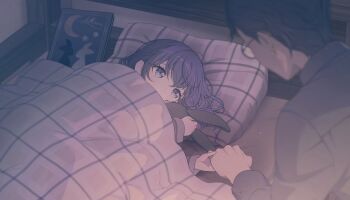 1boy 1girl aged_down asahina_mafuyu asahina_mafuyu&#039;s_father bed blue_eyes book child colorful_palette dim_lighting father_and_daughter game_cg glasses highres holding_hands hugging_object indoors looking_at_another official_art on_bed pillow project_sekai purple_eyes purple_hair short_hair star_(symbol) stuffed_animal stuffed_rabbit stuffed_toy third-party_source tomoshibi_wo_teguri_yosete_(project_sekai) under_covers very_short_hair