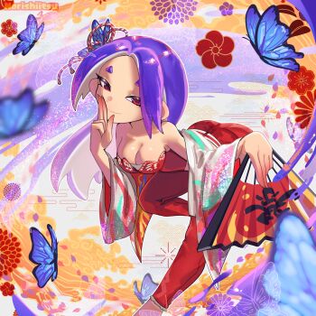 1girl blue_hair breasts bug butterfly cleavage cosplay folding_fan hand_fan insect leaning_forward long_hair looking_at_viewer medium_breasts nintendo norishiitsu octoling pants paper_fan red_eyes shiranui_mai shiranui_mai_(cosplay) shiver_(splatoon) smile solo splatoon_(series) splatoon_3 strapless tentacle_hair the_king_of_fighters tube_top