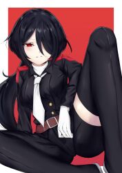 Rule 34 | 1girl, absurdres, belt, belt buckle, black hair, black pantyhose, black suit, blush, bob cut, border, brown belt, buckle, buttons, cameltoe, collared suit, formal, frown, gloves, hair over one eye, hand on ground, hand on own crotch, highres, knee up, long hair, looking at viewer, low ponytail, mmpro2474, necktie, original, pantyhose, pointy hair, red background, red eyes, shirt, short shorts, shorts, simple background, sitting, solo, suit, turtleneck, turtleneck shirt, unkempt, white background, white border, white gloves, white necktie, white shirt
