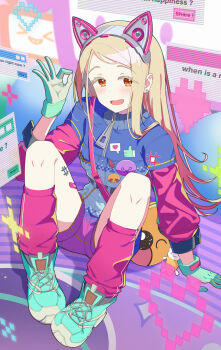 1girl :d absurdres animal_ears arm_support arm_up bandaid bandaid_on_leg blue_jacket blue_shoes blush brown_eyes brown_hair commentary_request earrings english_text fake_animal_ears gakuen_idolmaster gloves green_gloves heart highres idolmaster jacket jewelry knees_apart_feet_together knees_up lemon_tea_(15058751917) long_hair long_sleeves looking_at_viewer loose_socks ok_sign open_mouth pixelated puffy_long_sleeves puffy_sleeves purple_shorts purple_socks shinosawa_hiro shoes short_shorts shorts sitting smile socks solo stud_earrings swept_bangs very_long_hair window_(computing)